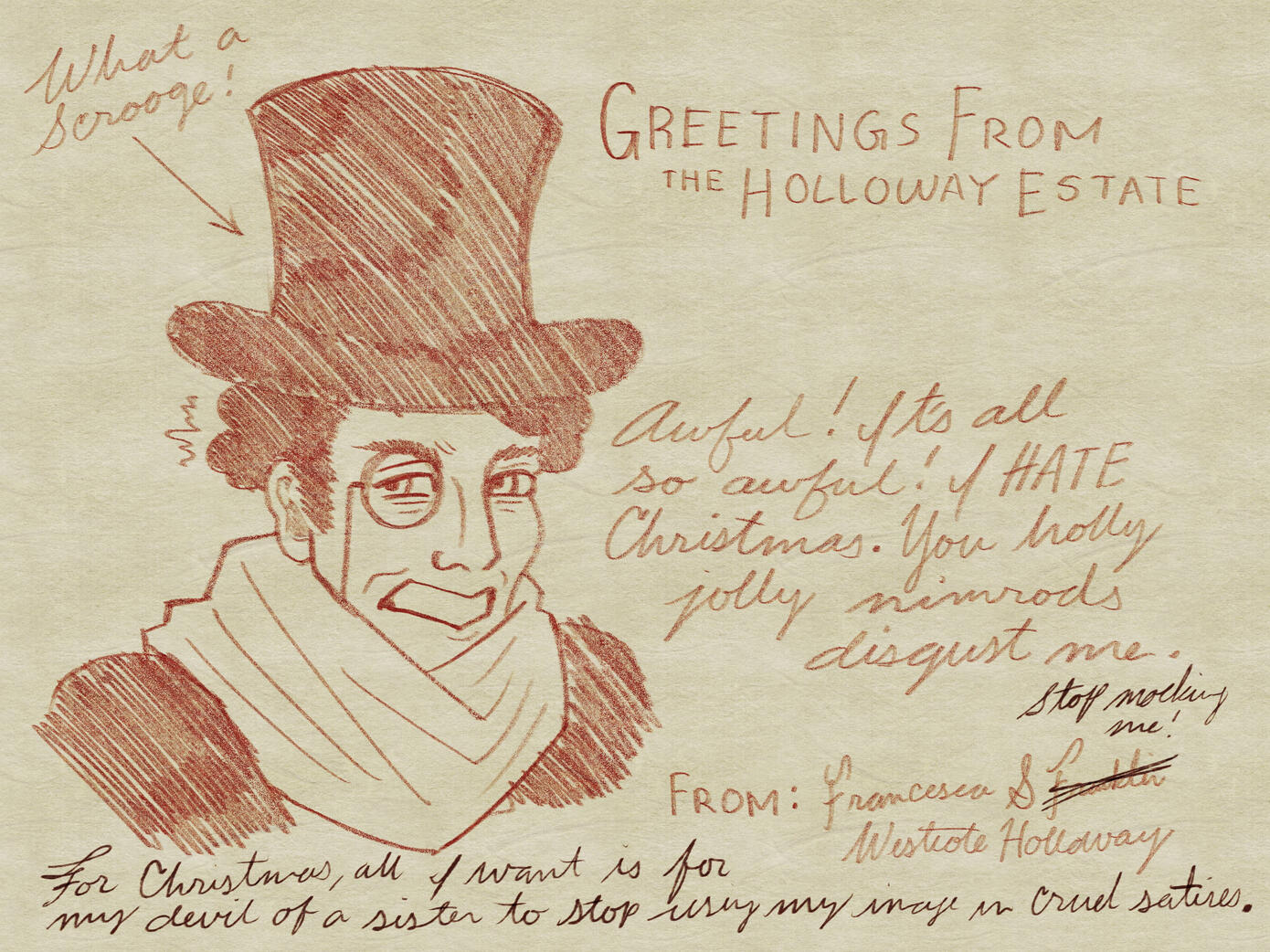 A Christmas sketch by Francesca Westcote-Holloway mocking her brother's poor holiday spirit. 1913.